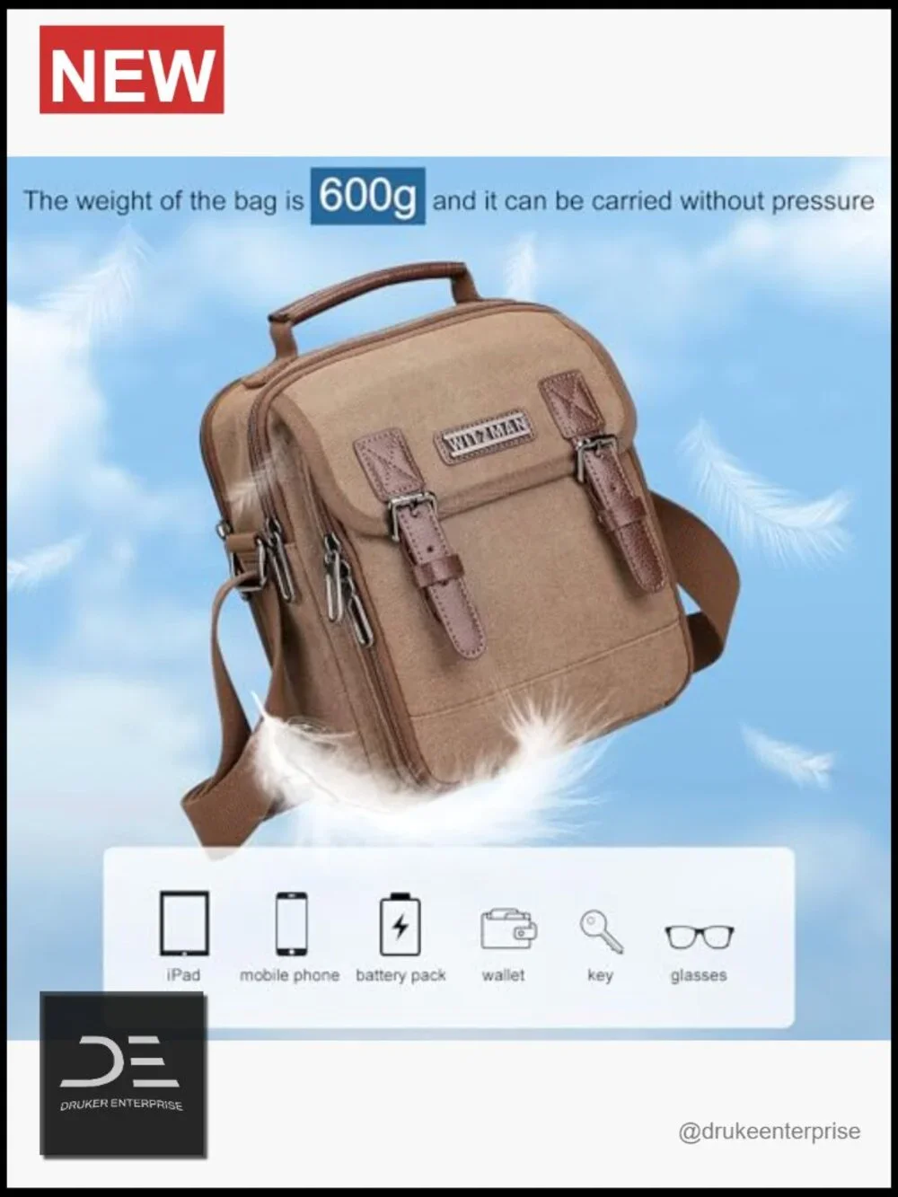 Canvas Crossbody Messenger Bag for Men Work Travel Multi-Pocket Satchel